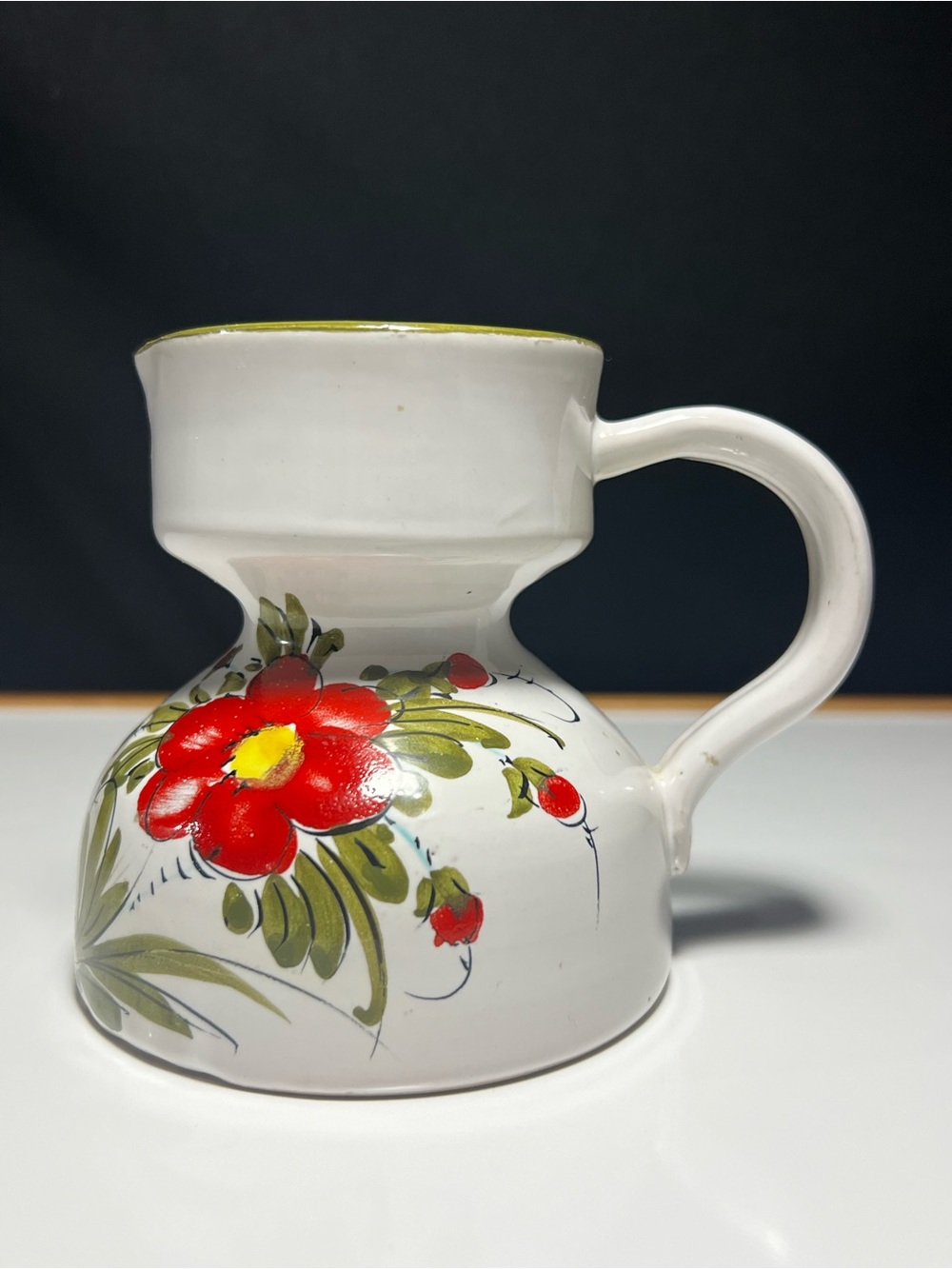 Italian Vintage White Pitcher creamer Red,Yellow& Green Floral Motif Pottery